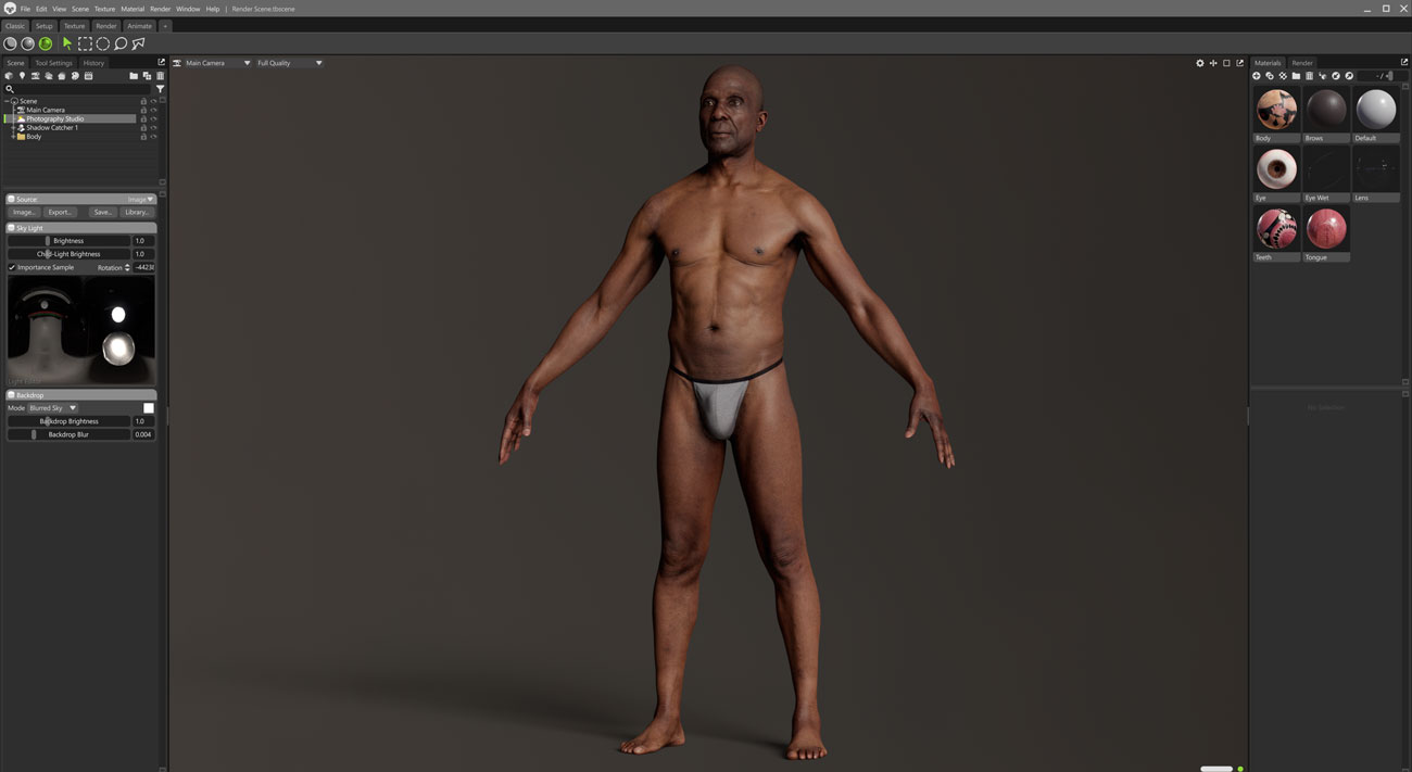 Marmoset Toolbag real-time scene render of a lean athletic male 3D body scan with PBR shading